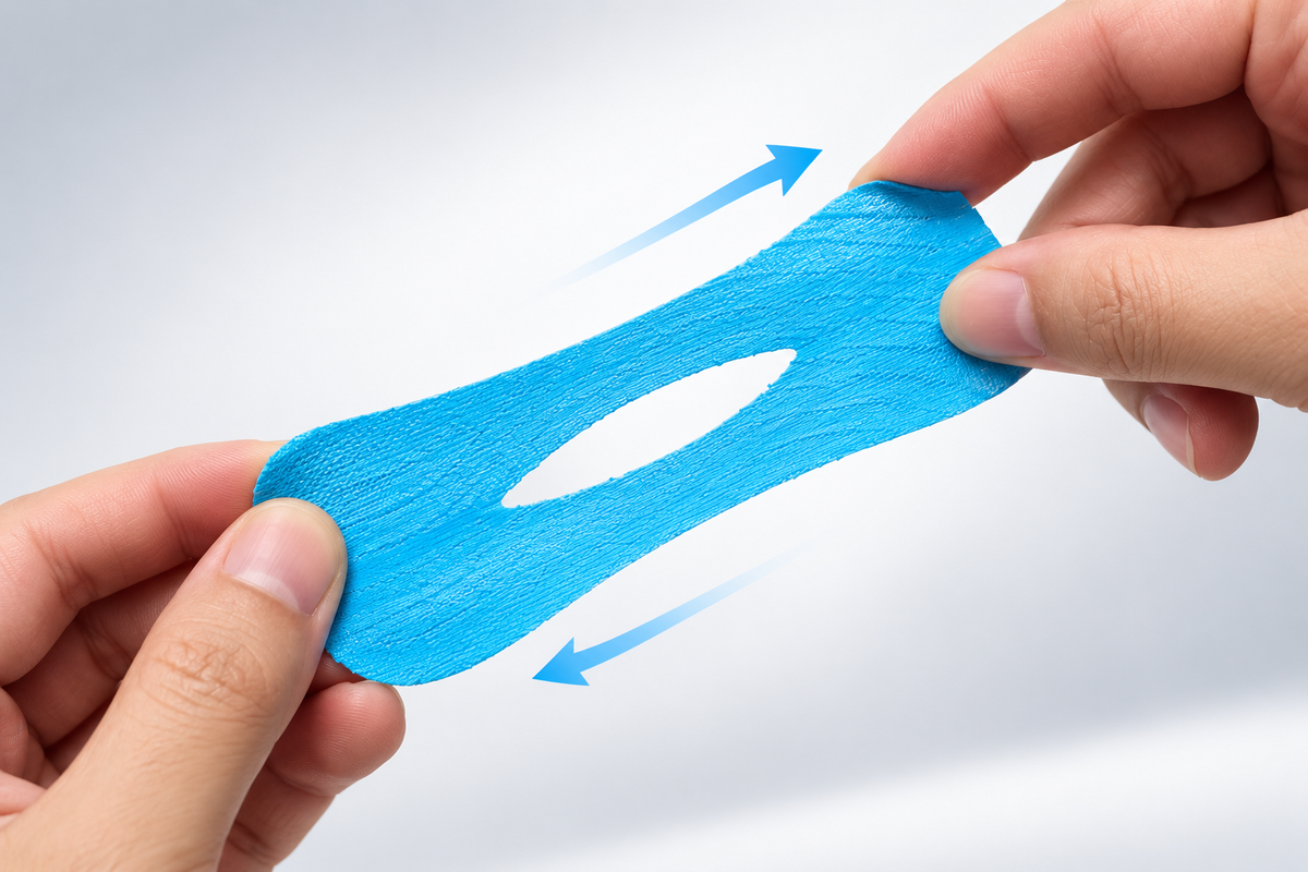 Illustration of fingertips holding a flexible black nonwoven tape strip above its liner.