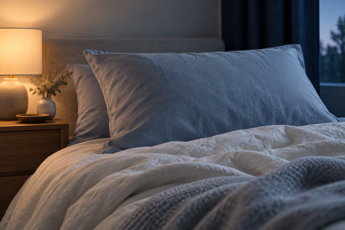 Editorial illustration of a softly lit bedroom with blue pillows and comfortable bedding.