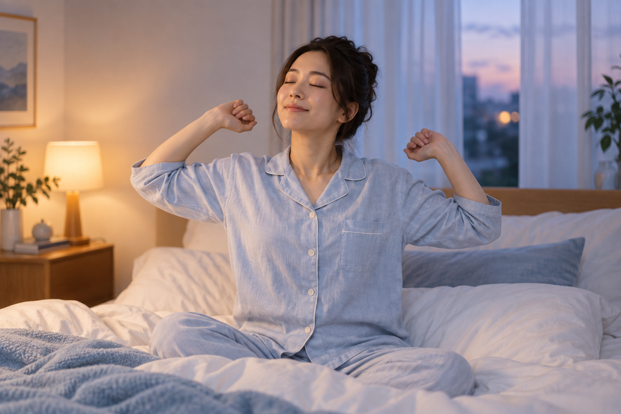Editorial illustration of a woman relaxing with a gentle stretch in a softly lit bedroom.